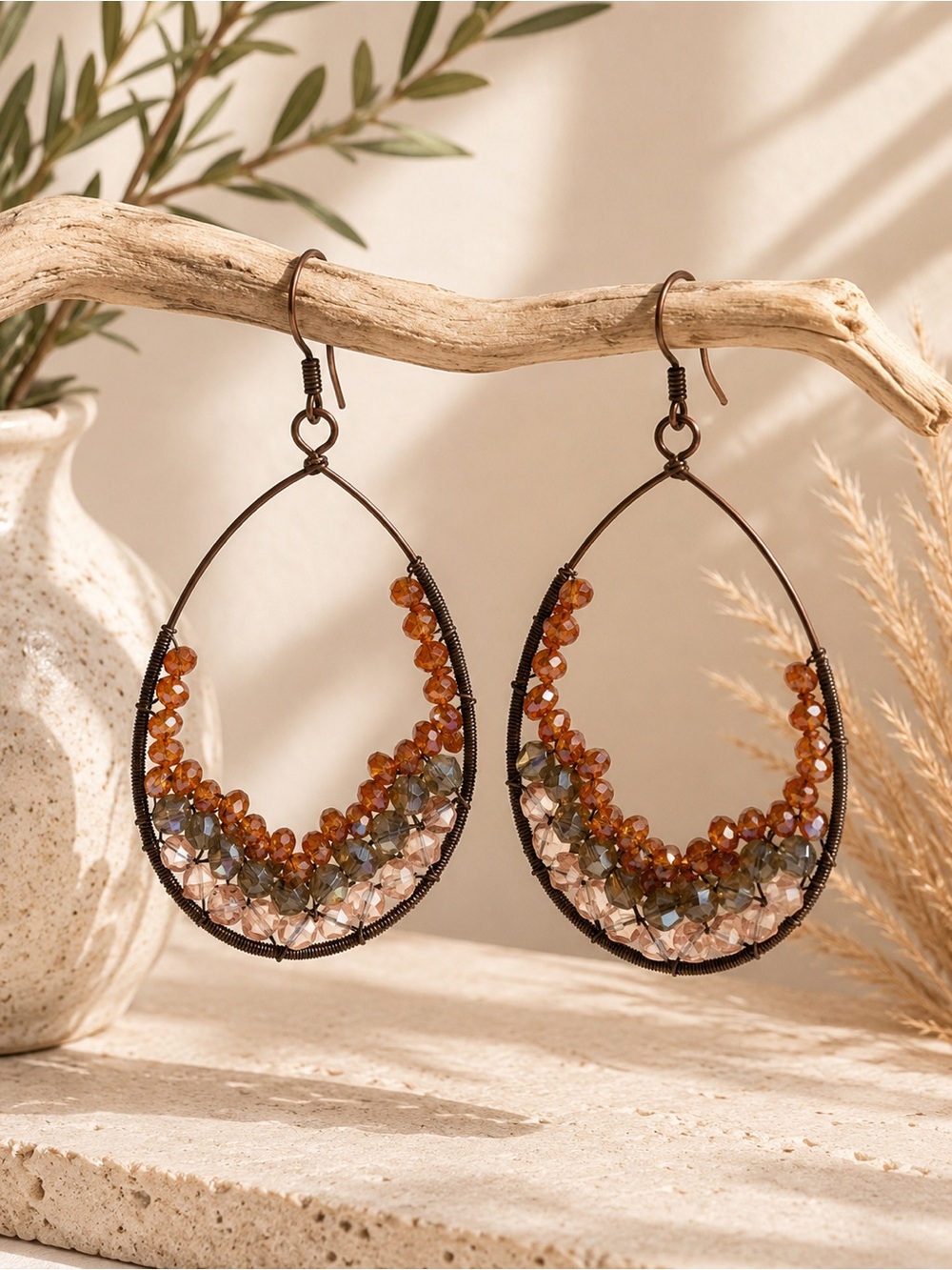 ✨ Copper Tone Crystal Beaded Teardrop Hoop Earrings Boho Dangle Statement ✨